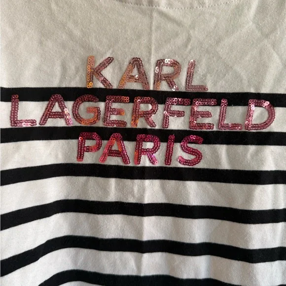 Karl Lagerfeld White Tee Black Stripes Logo Pink Sparkle Signature 100% Cotton - Picture 2 of 10